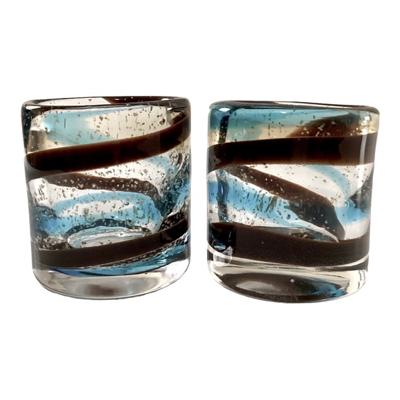 Hand Blown Glass Candle Holders Turquoise And Brown Glass Swirl Pattern Mexico - Picture 3 of 16